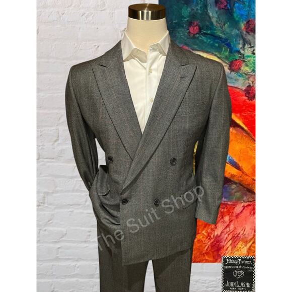 Hickey Freeman 46R 40x28.5 Double Breasted Gray Fuchsia Birdseye Melange Suit - Picture 1 of 16